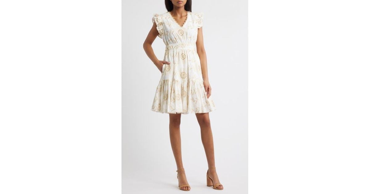 Anne Klein Embroidered Eyelet Cotton Ruffle Dress in Natural | Lyst Anne Klein Embroidered Eyelet Cotton Ruffle Dress in Natural | Lyst