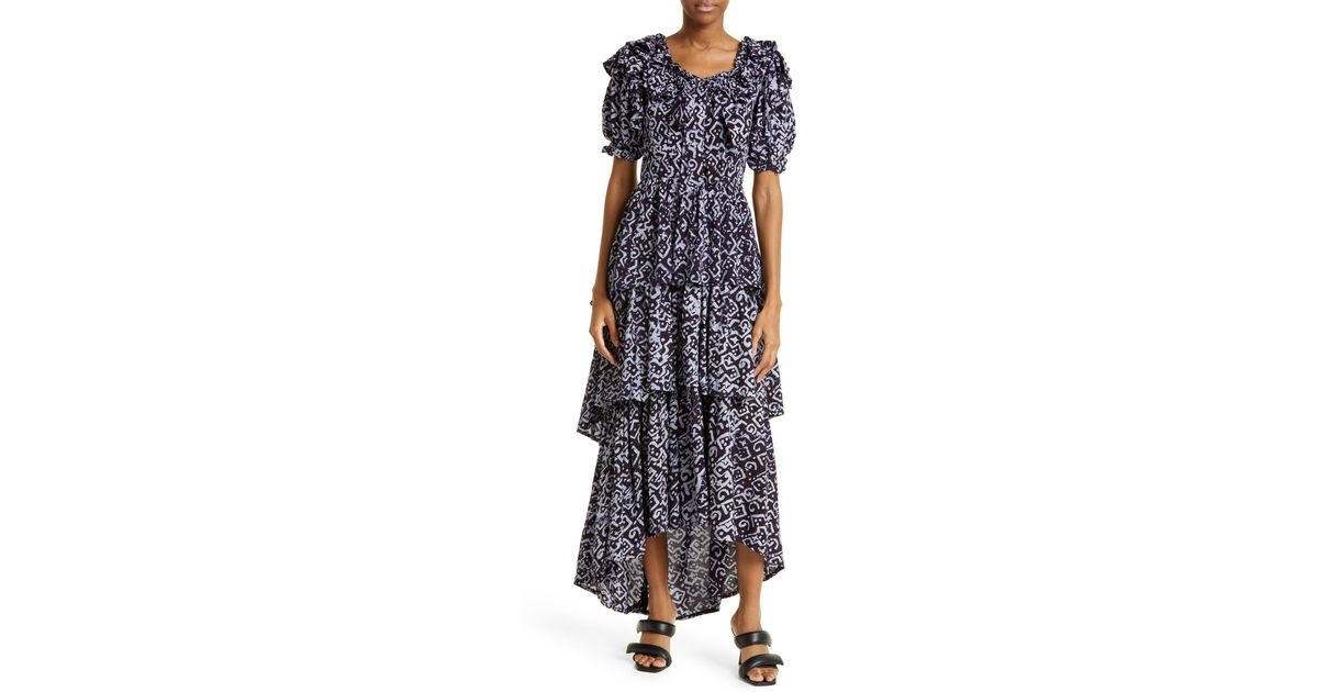 Busayo Temi Ruffle Puff Sleeve Tiered Cotton Dress in Blue | Lyst