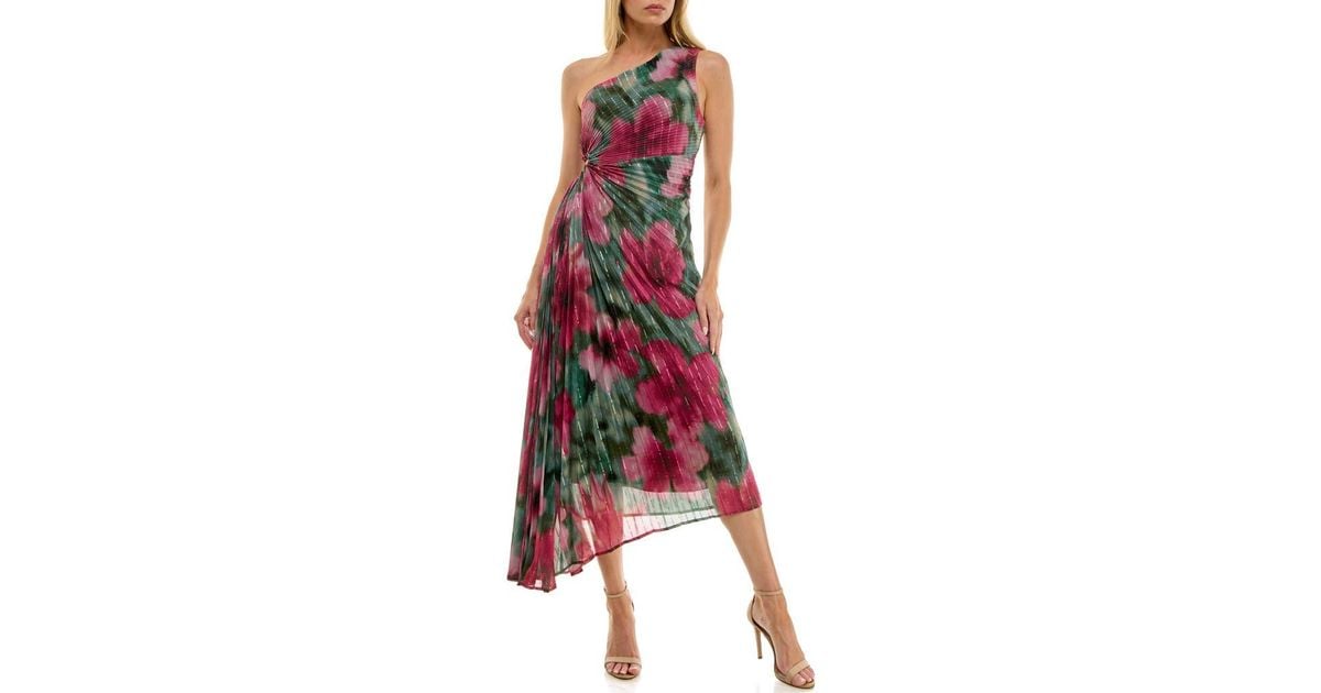 Socialite Floral Metallic Stripe One-Shoulder Pleated Dress in Red