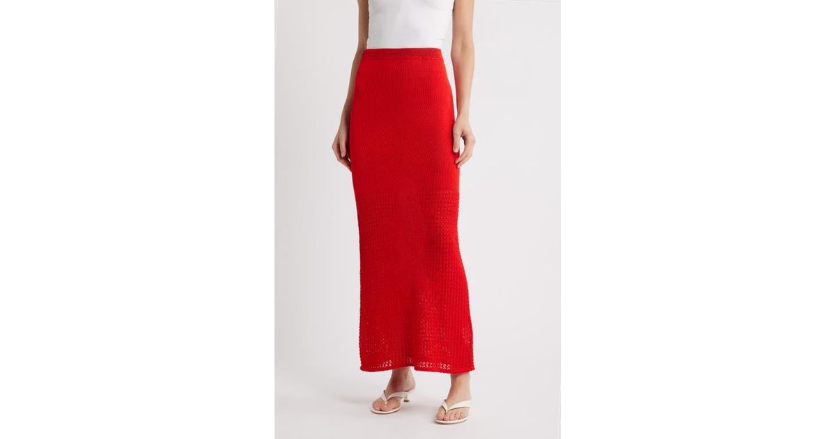 Theory Open Stitch Detail Cotton Maxi Sweater Skirt in Red | Lyst