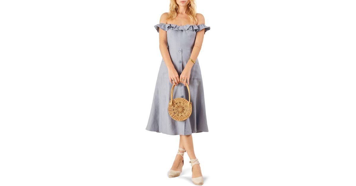 reformation hattie off the shoulder linen dress