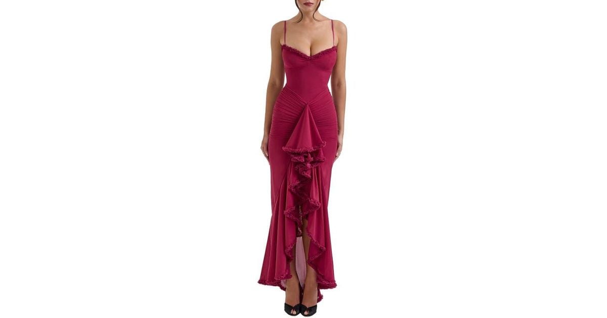 House Of Cb Gabbi Ruffle Mesh High-Low Cocktail Dress in Red | Lyst