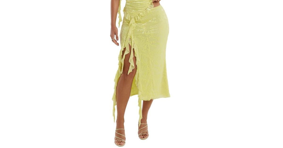 Mistress Rocks Floral Burnout Velvet Ruffle Spiral Midi Skirt in Yellow ...