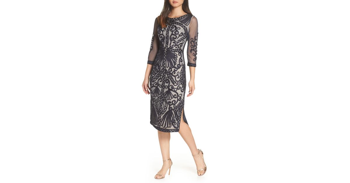 sheer sleeve soutache sheath dress js collections