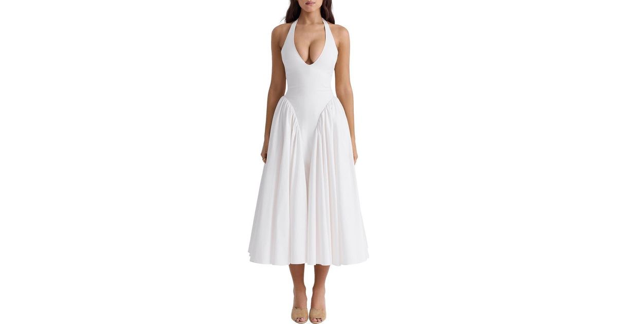 House Of Cb Marilyn Gingham Halter Midi Sundress in White | Lyst