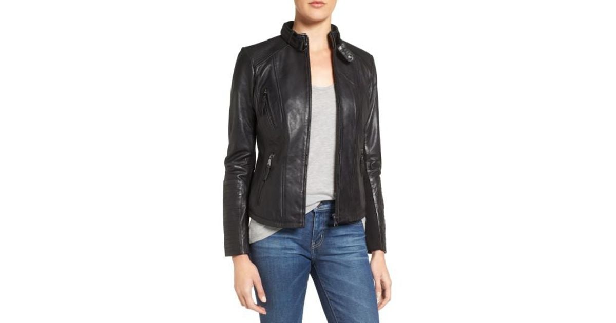 Bernardo Zip Front Leather Biker Jacket In Black Lyst Bernardo Zip Front Leather Biker Jacket