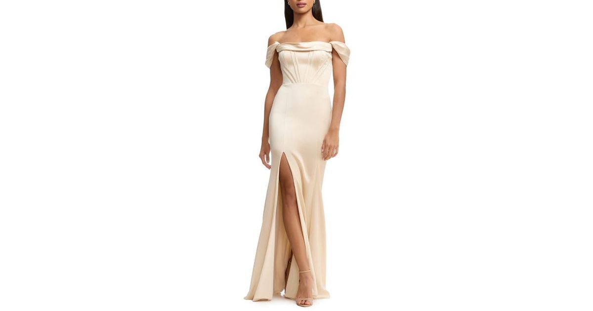 Dress the Population Melania Off The Shoulder Satin Gown in Natural | Lyst
