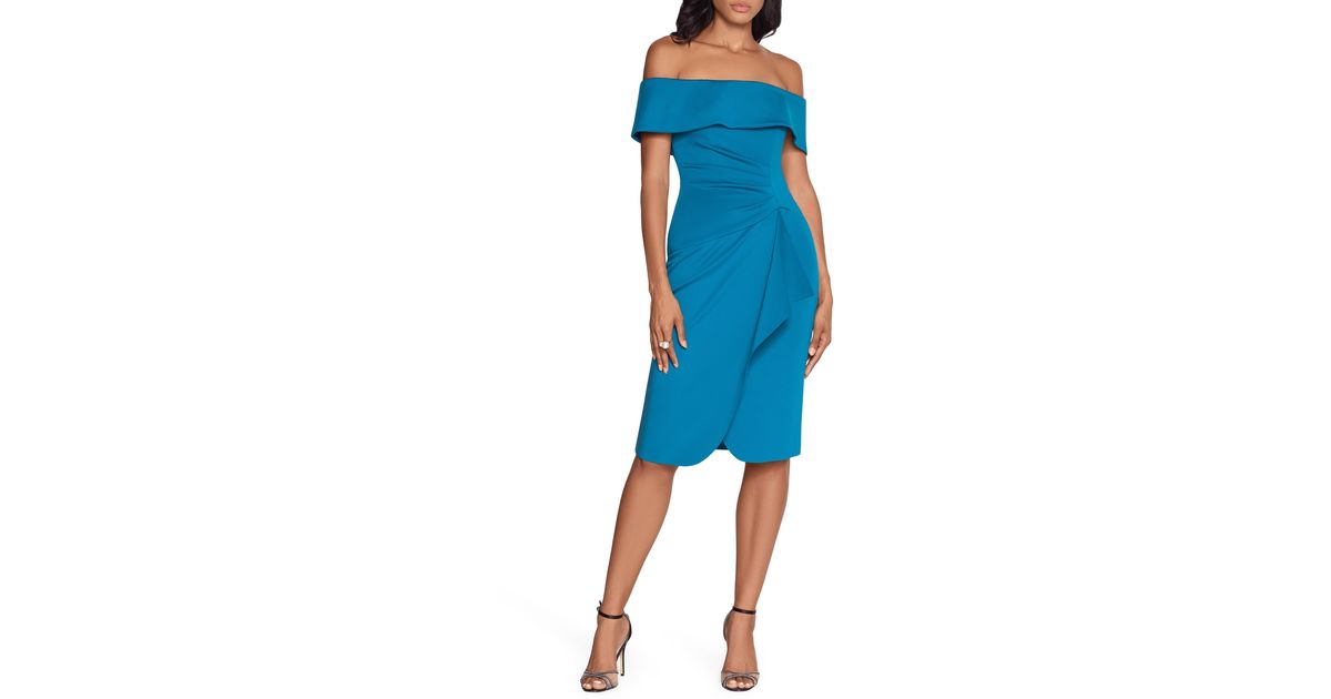 xscape side ruched double strap crepe gown