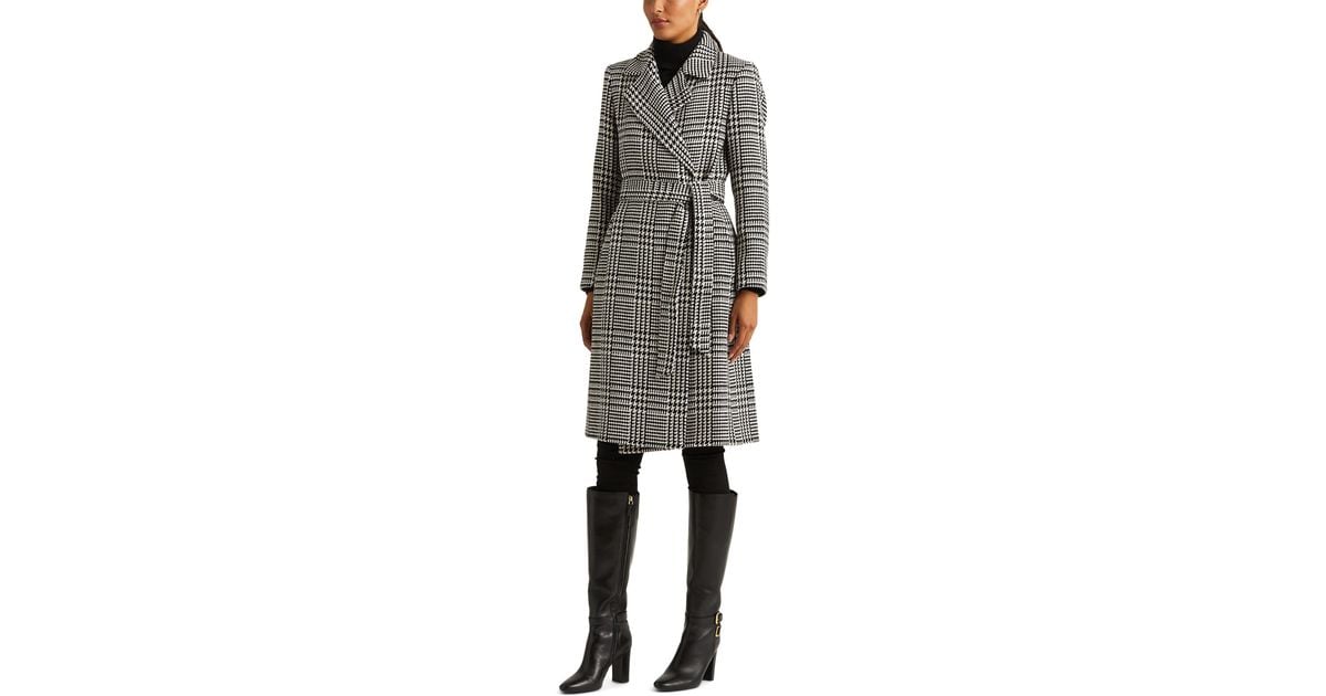 Lauren By Ralph Lauren Glen Plaid Belted Wool Blend Coat In Black Lyst 3358