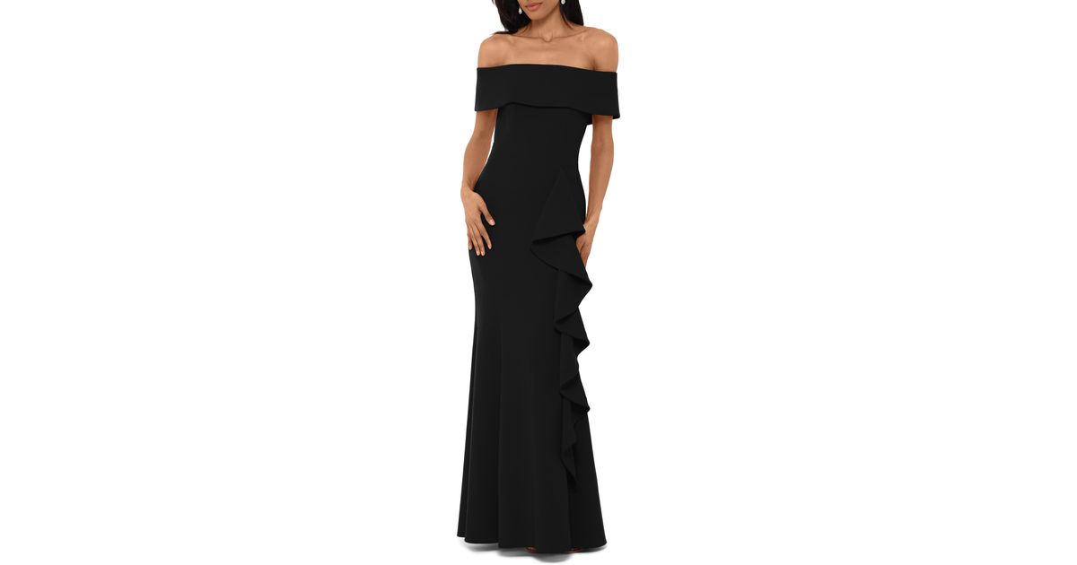 Betsy Adam Off The Shoulder Front Ruffle Scuba Crepe Gown in