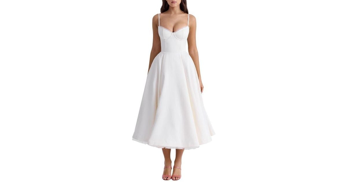 house of cb mademoiselle bustier stretch satin midi dress Clothing : Midi Dresses : 'Mademoiselle' Black Floaty Midi Dress