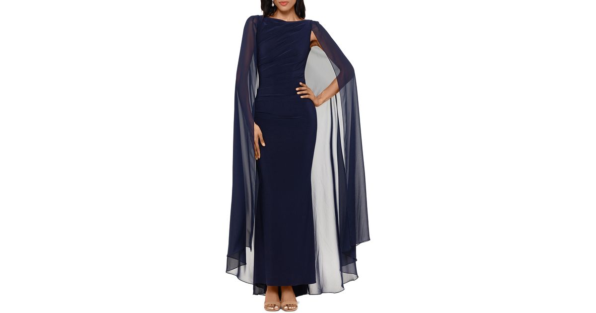 betsy and adam chiffon cape gown