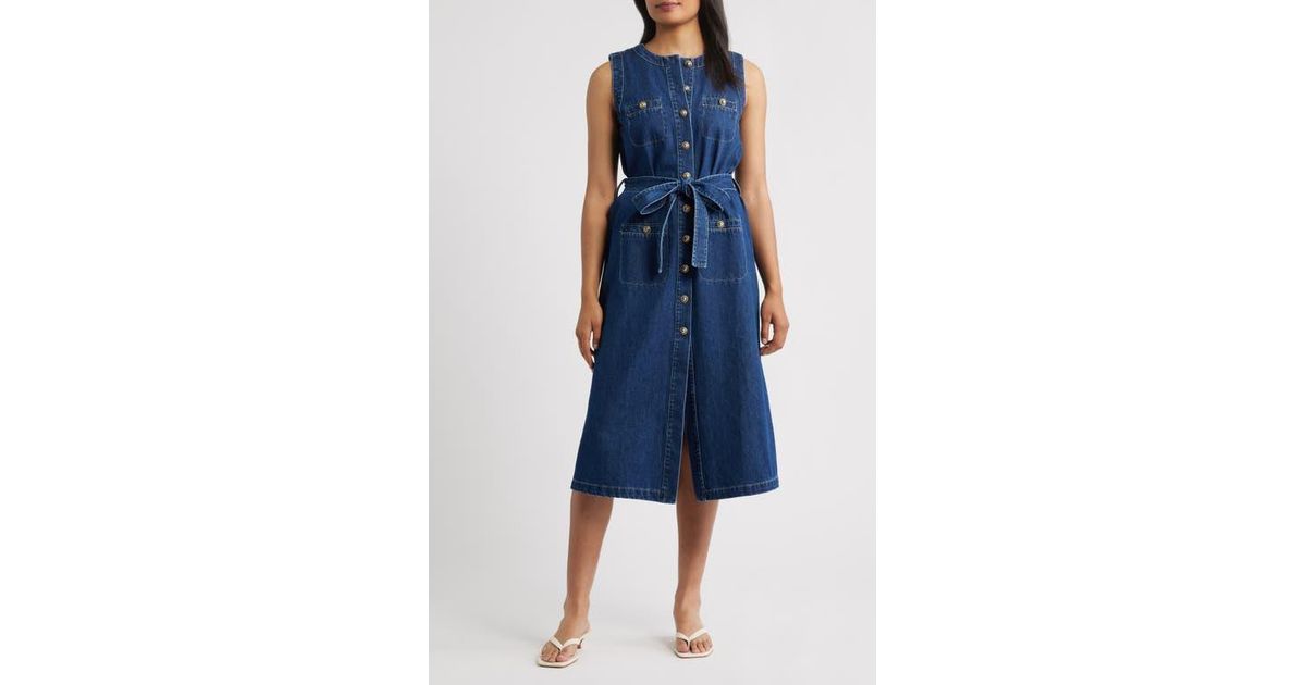 donna claire denim dresses Claire Woman Donna Claire Denim Dresses ZOE AND CLAIRE Sleeveless Belted Denim  Dress In Blue Lyst