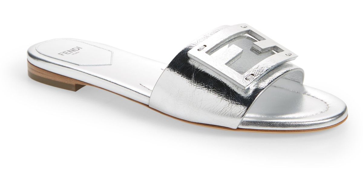 Fendi Baguette Metallic Slide Sandal in White | Lyst