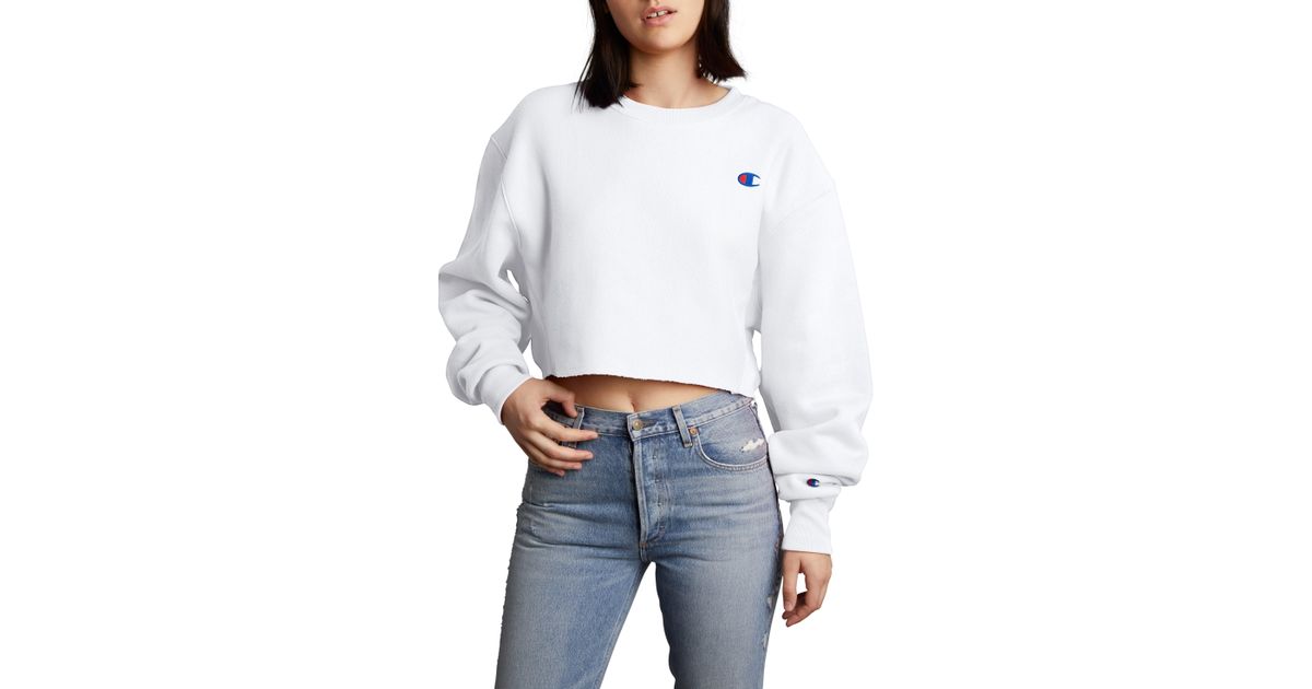 Crop Reverse Weave Sweatshirt in White 