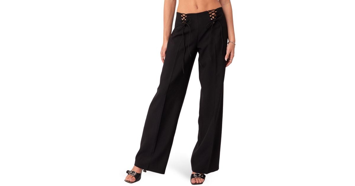 Edikted Abigail Lace-up Wide Leg Pants In Black | Lyst