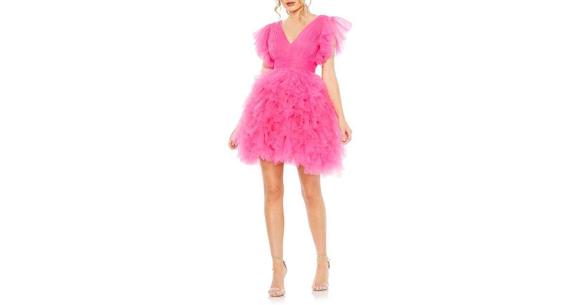 Mac Duggal Flutter Sleeve Tiered Gauze Dress in Pink | Lyst