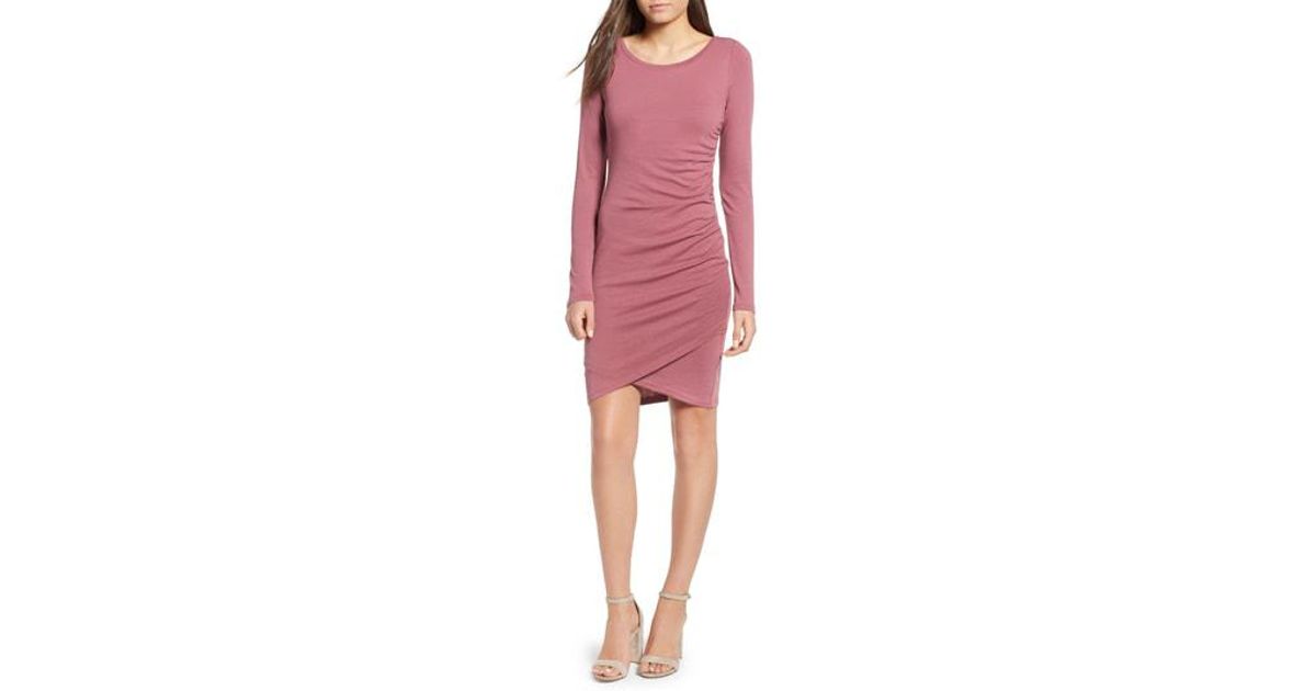 pink ruched long sleeve dress