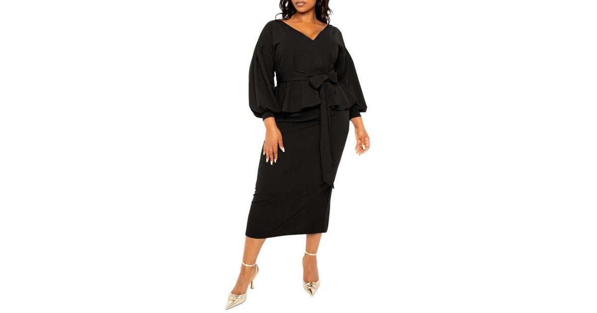 Buxom Couture Convertible Shoulder Belted Peplum Midi Dress in Black | Lyst