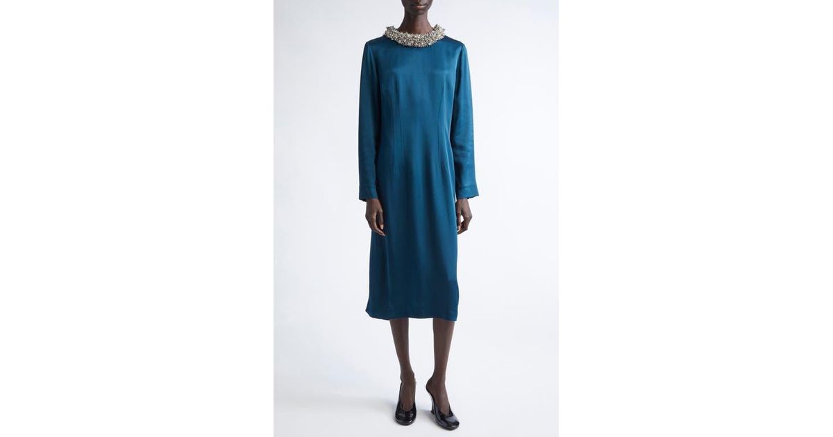 Dries Van Noten Danora Embellished Long Sleeve Satin Dress in Blue | Lyst