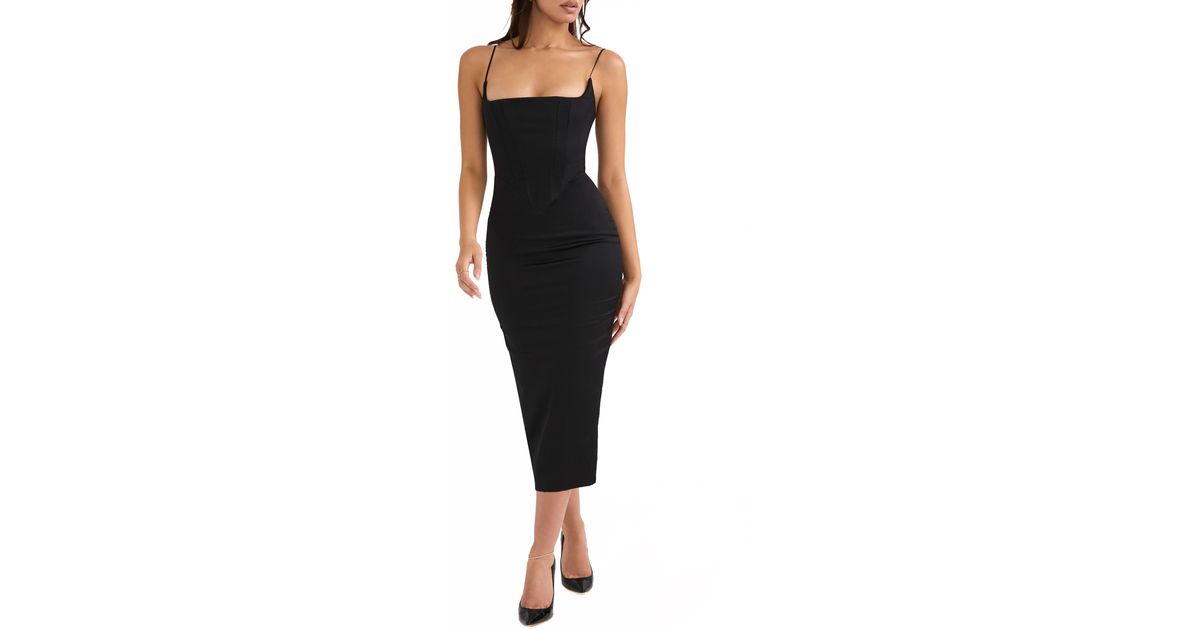 House Of Cb Anais Satin Corset Midi Dress in Black Lyst