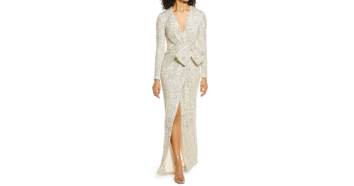 sequin wrap front long sleeve gown eliza j