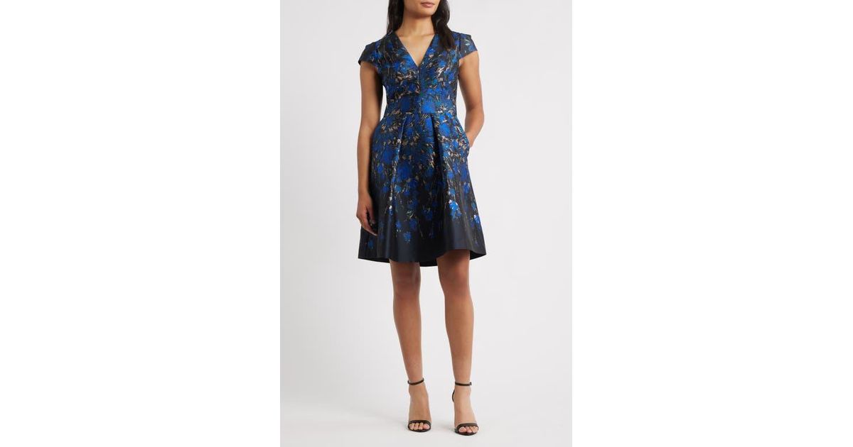 Vince Camuto Metallic Floral Jacquard Fit & Flare Dress in Blue | Lyst