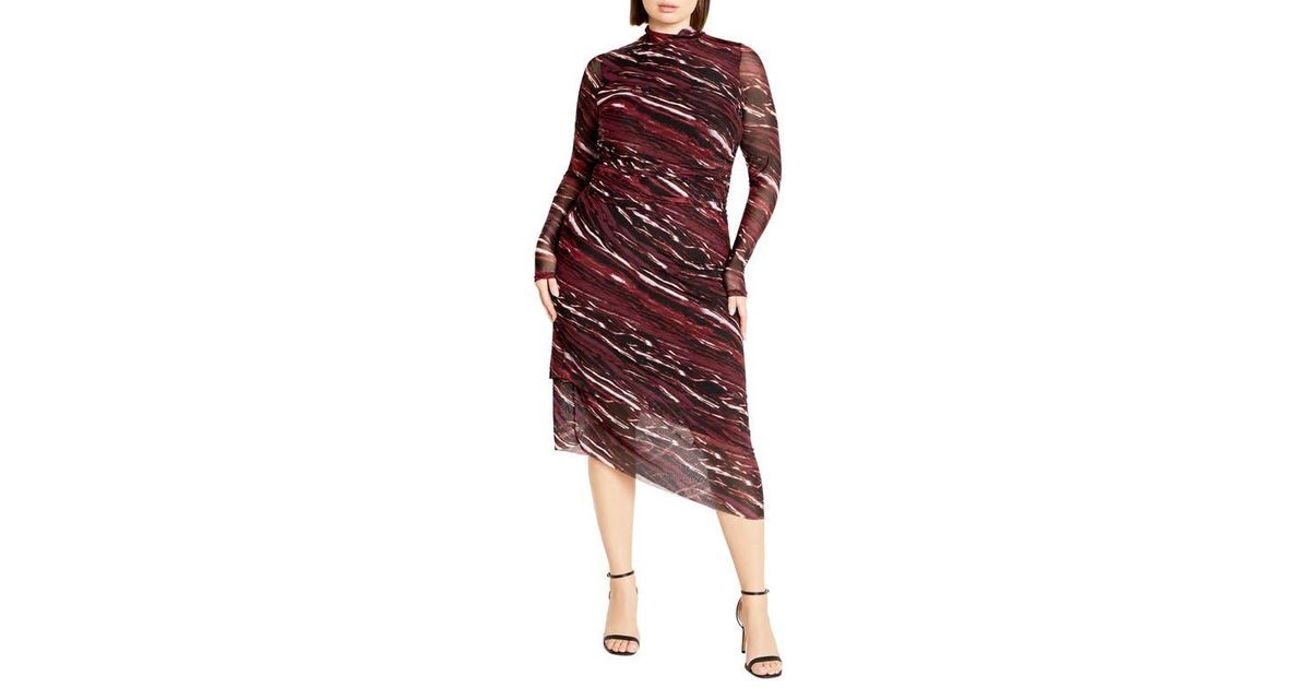 City Chic Zariyah Print Long Sleeve Body-Con Midi Dress in Red | Lyst