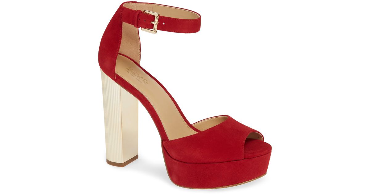 MICHAEL Michael Kors Paloma Metallic Heel Platform Sandal in Red | Lyst