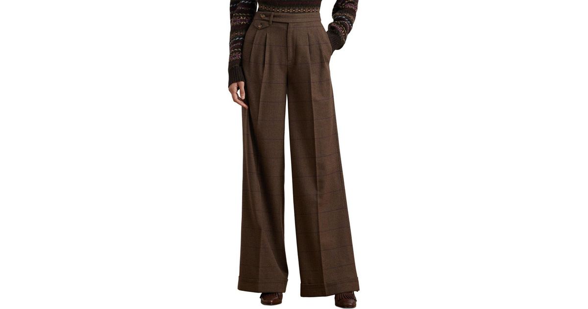 Ralph Lauren Check Wool Wide Leg Pants in Brown | Lyst