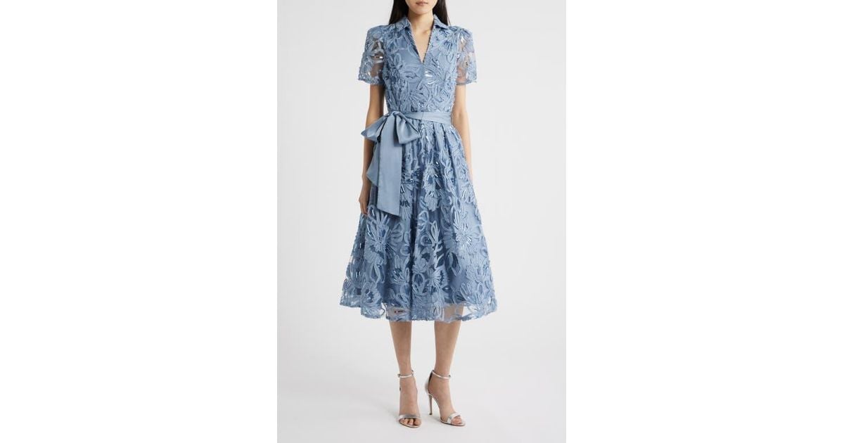 Tahari Sequin Soutache Lace Cocktail Midi Dress in Blue