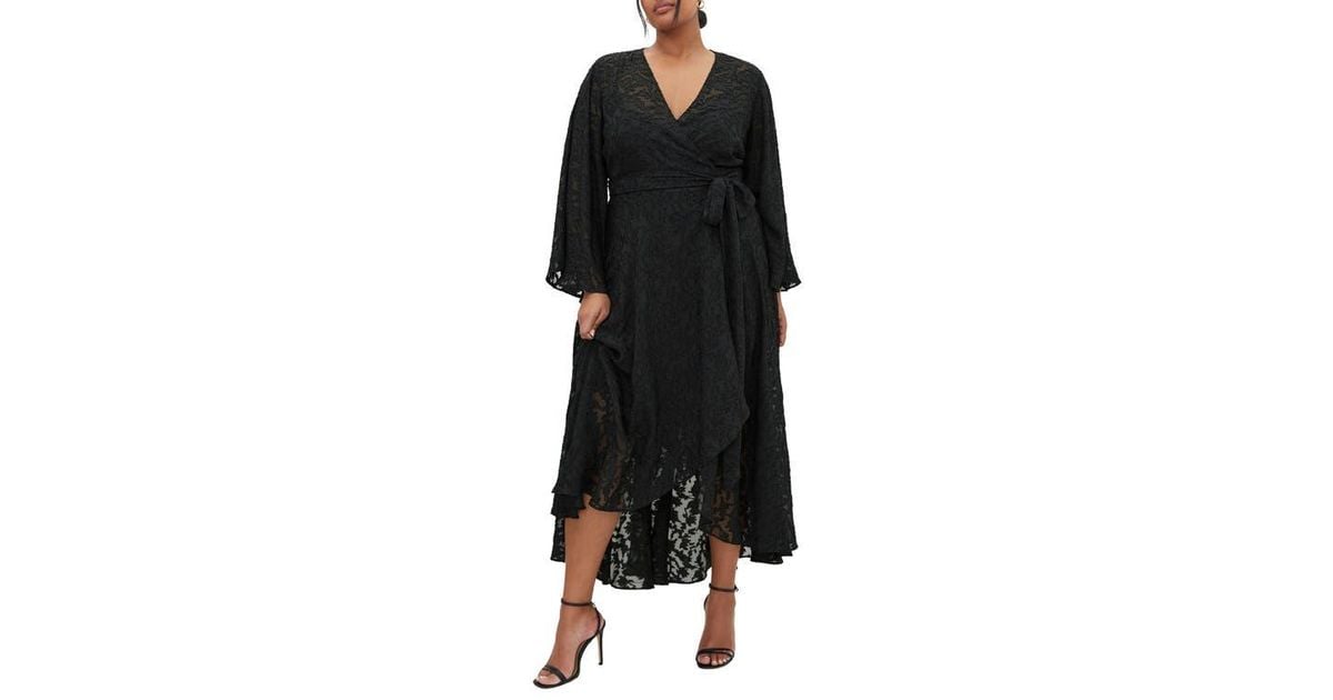 City Chic Fleetwood Jacquard Long Sleeve Wrap Maxi Dress in Black