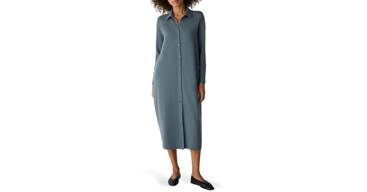 Eileen Fisher Long Sleeve Oval Jersey Shirtdress in Blue | Lyst