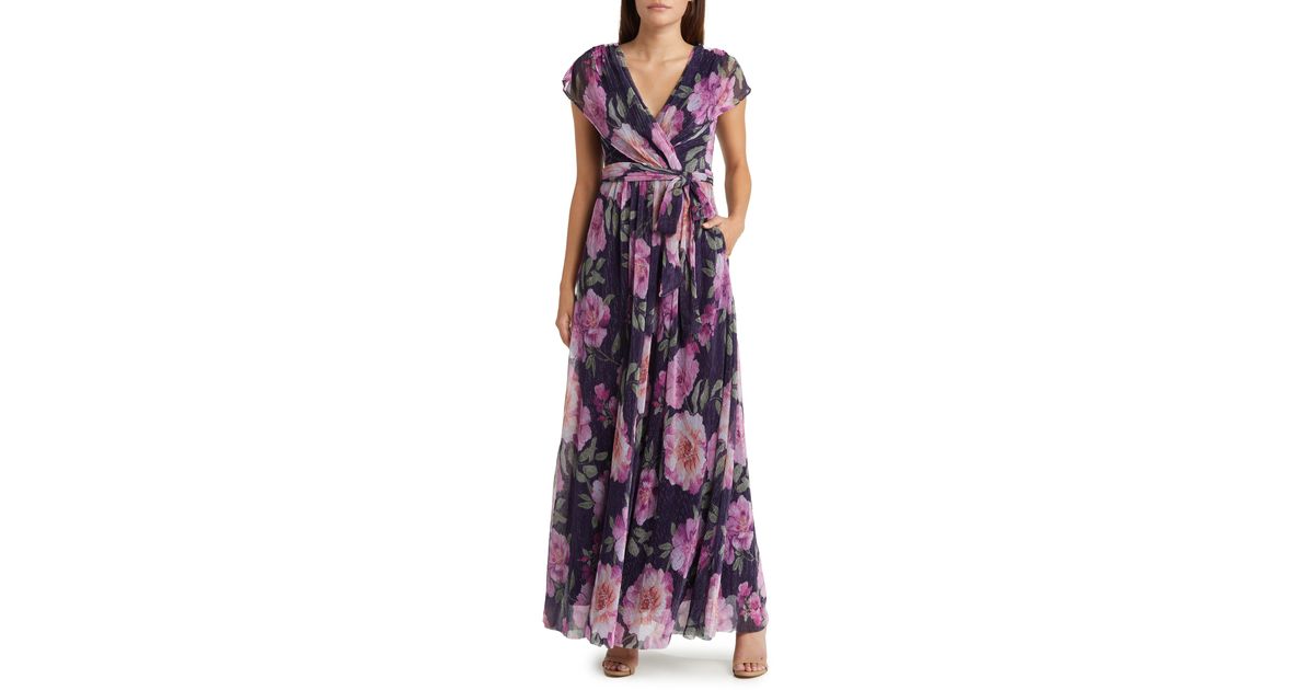 Eliza J Floral Print Tie Waist Maxi Dress in Purple | Lyst