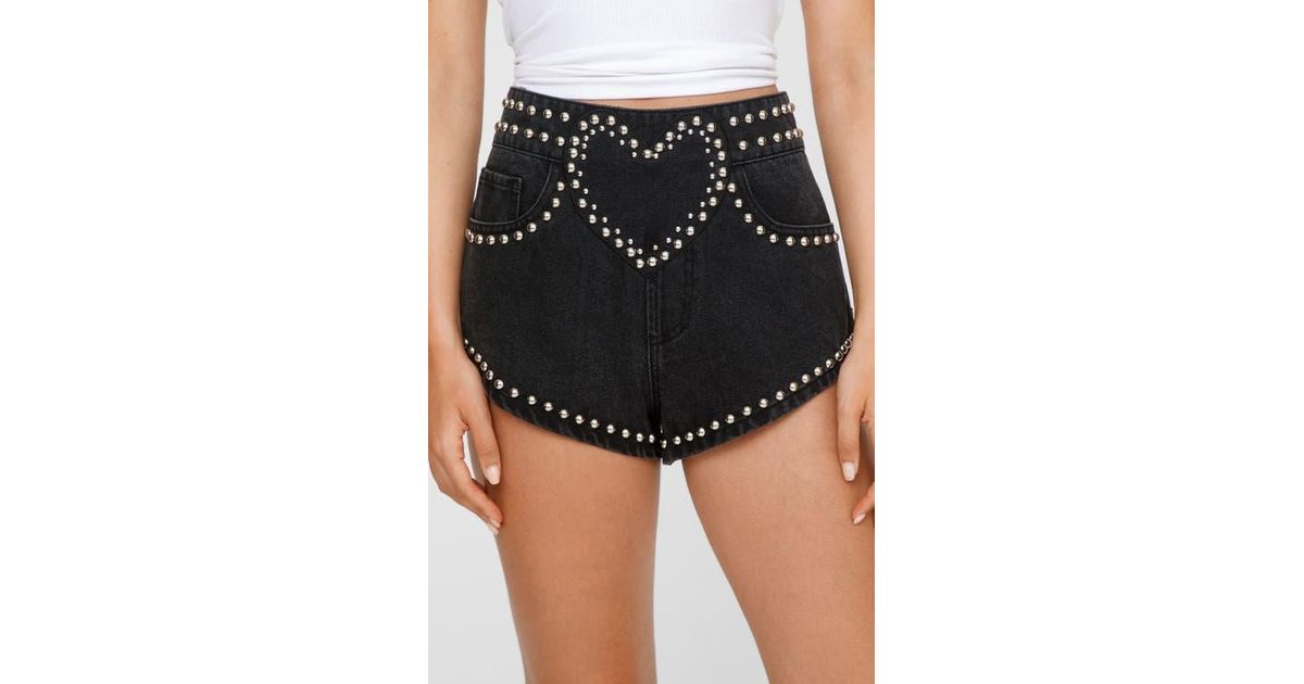 Nasty Gal Heart Studded Denim Hot Pants in Black | Lyst