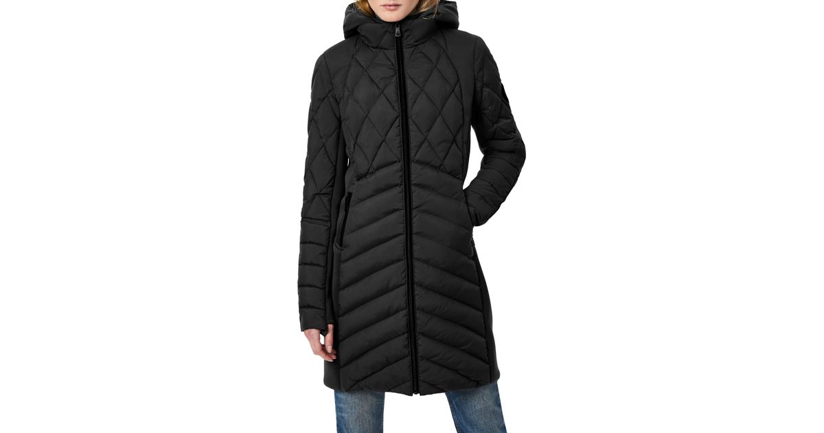 Bernardo Packable Mixed Media Water Resistant Quilted Puffer Coat in