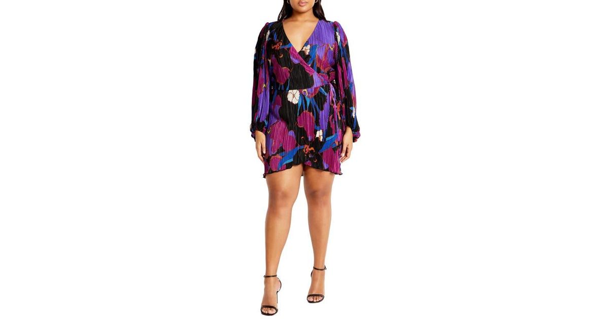 City Chic Kira Floral Print Long Sleeve Plissé Faux Wrap Dress in
