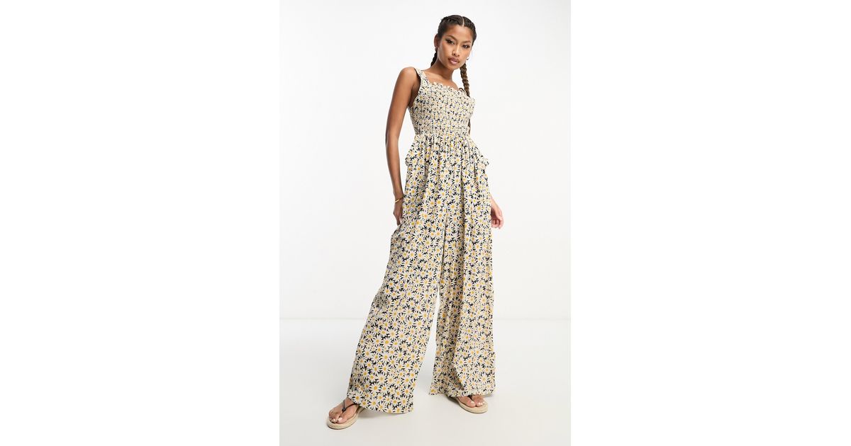 ASOS Floral Smocked Bodice Cotton Jumpsuit in Natural Lyst