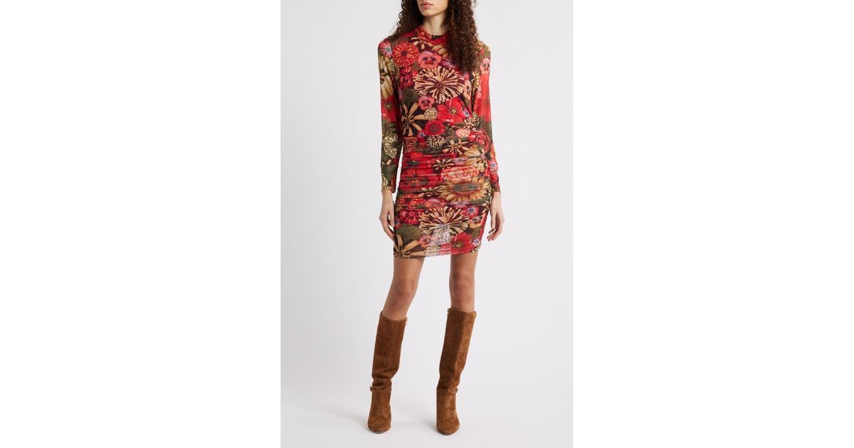 chinese dress ladies Red Maxi Floral Long Sleeve Mini Dress  FARM Rio