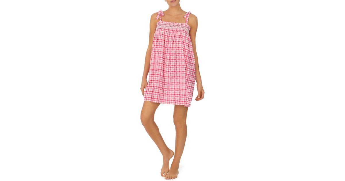 Kate Spade Plaid Smocked Cotton Blend Nightgown in Pink Lyst