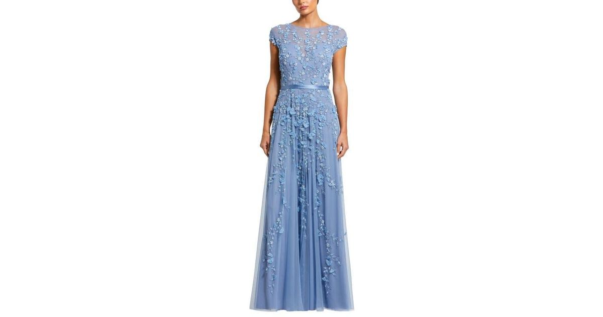 Mac Duggal Floral Embellished Short Sleeve Mesh Gown in Blue