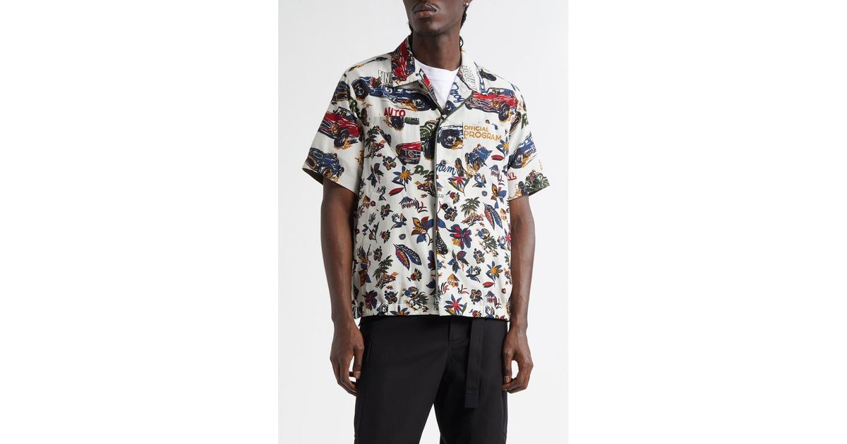 Sacai Car Race & Tropical Print Button-Up Shirt in Blue for