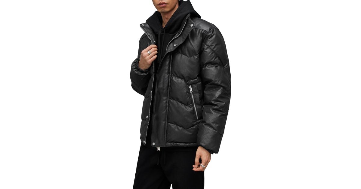AllSaints Altair Waxed Puffer Jacket With Stowaway Hood in Black for