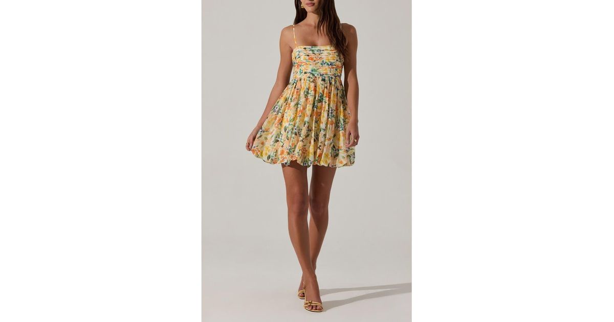 astr bubble floral mini dress ASTR the Label | Keyla Floral Bubble Dress in Yellow Green Floral