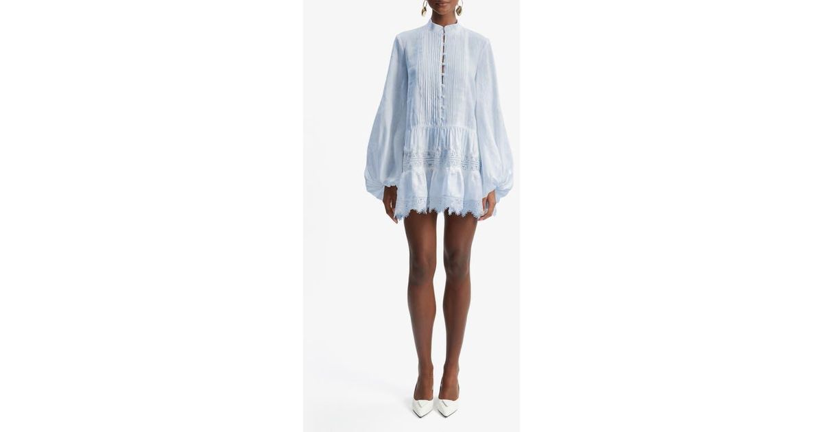 Bardot Antonia Lace Trim Long Sleeve Cotton & Linen Minidress in Blue | Lyst Bardot Antonia Lace Trim Long Sleeve Cotton & Linen Minidress in Blue | Lyst