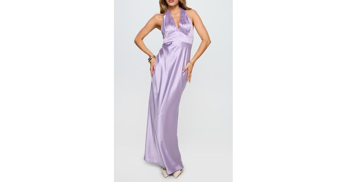 Princess Polly Big Screen Halter Neck Satin Gown in Purple | Lyst