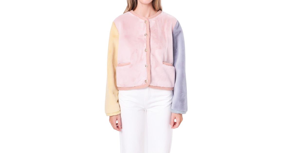 English Factory Colorblock Faux Fur Jacket in Pink | Lyst