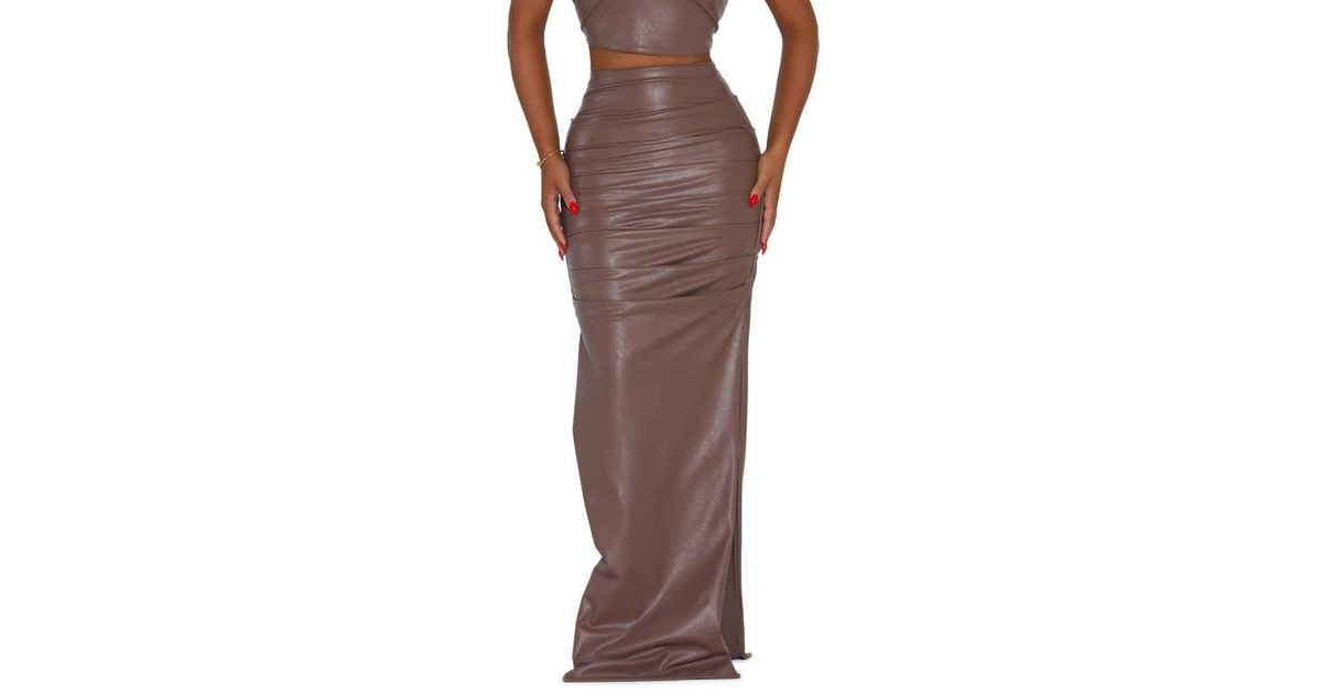 Naked Wardrobe Faux Ever Ruched Faux Leather Maxi Skirt in Brown Lyst