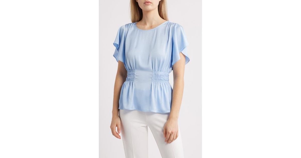 売れ筋商品|||アンクライン カットソー トップス レディース Women's Smocked-Waist Flutter-Sleeve Top Surf Blue Anne Klein Smocked Waist Flutter SLV Blouse at Amazon
