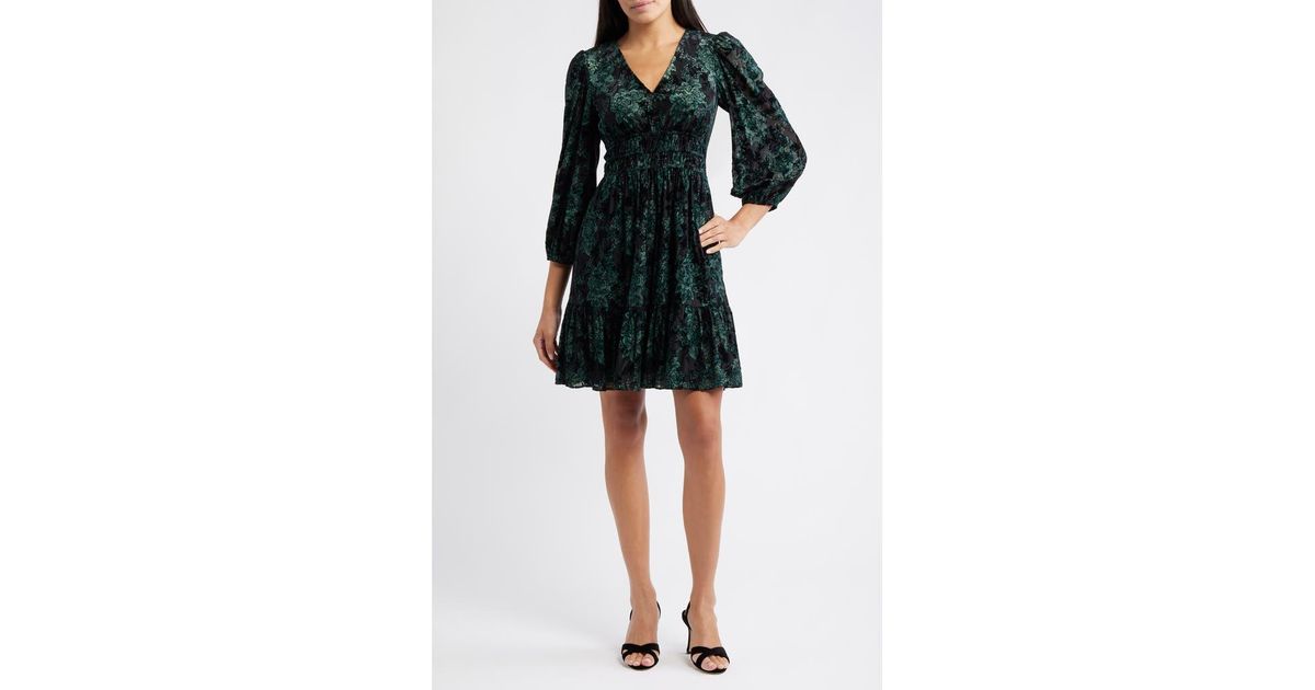 long sleeve burnout velvet cocktail dress eliza j Floral Burnout Velvet Puff Sleeve Midi Dress (Women)